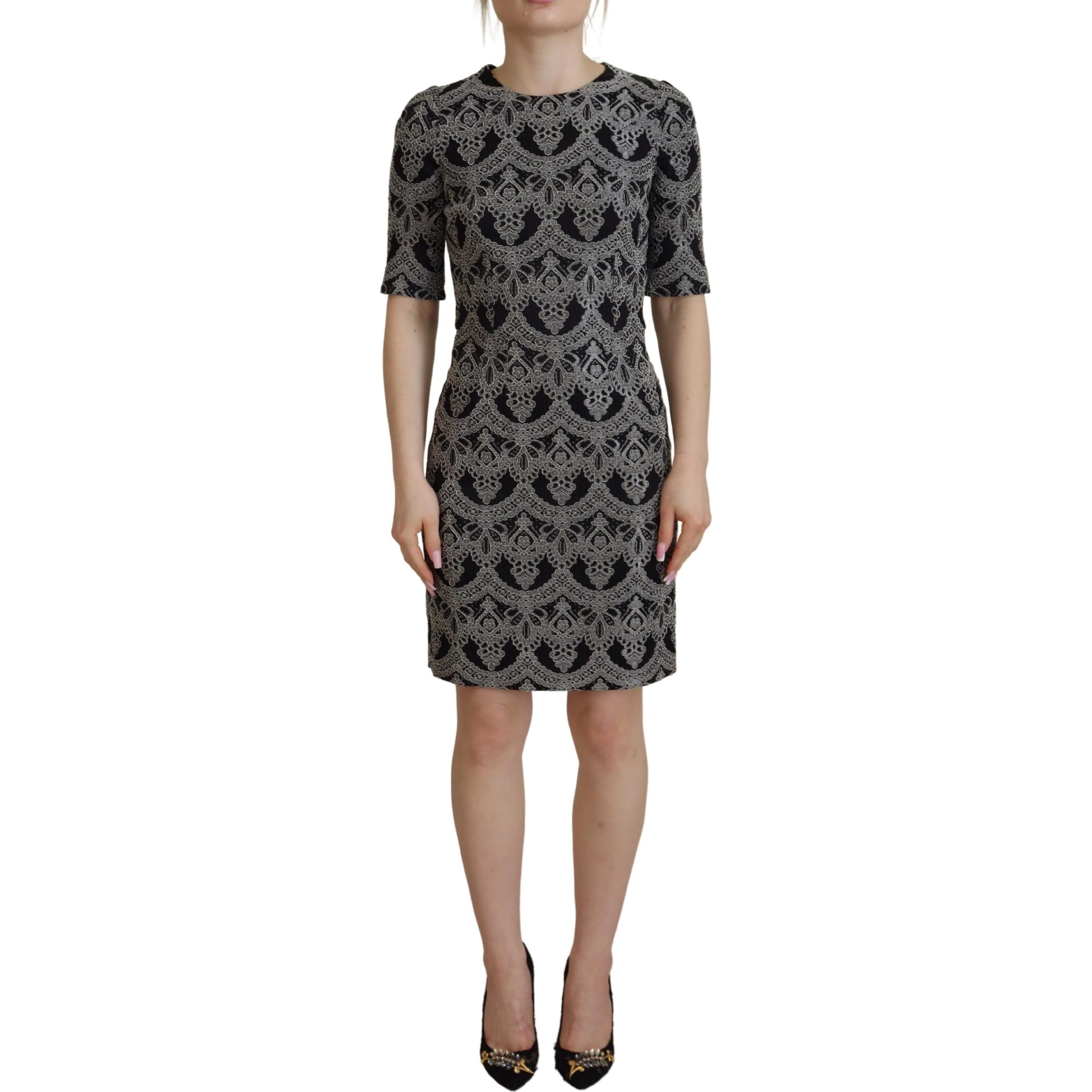 Black Gray Jacquard Sheath Bodycon Dress