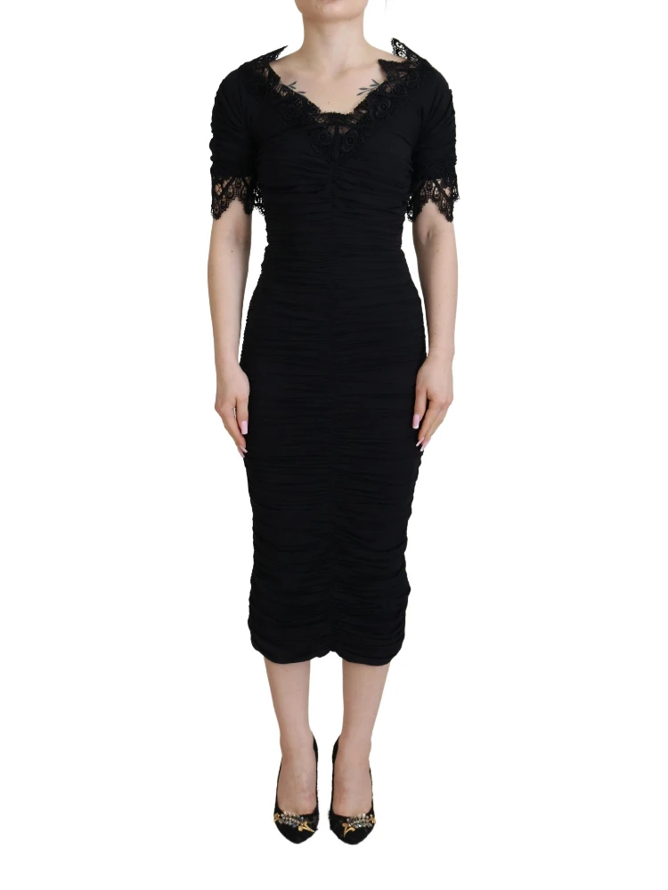Black Sheath Midi Bodycon Lace Silk Dress