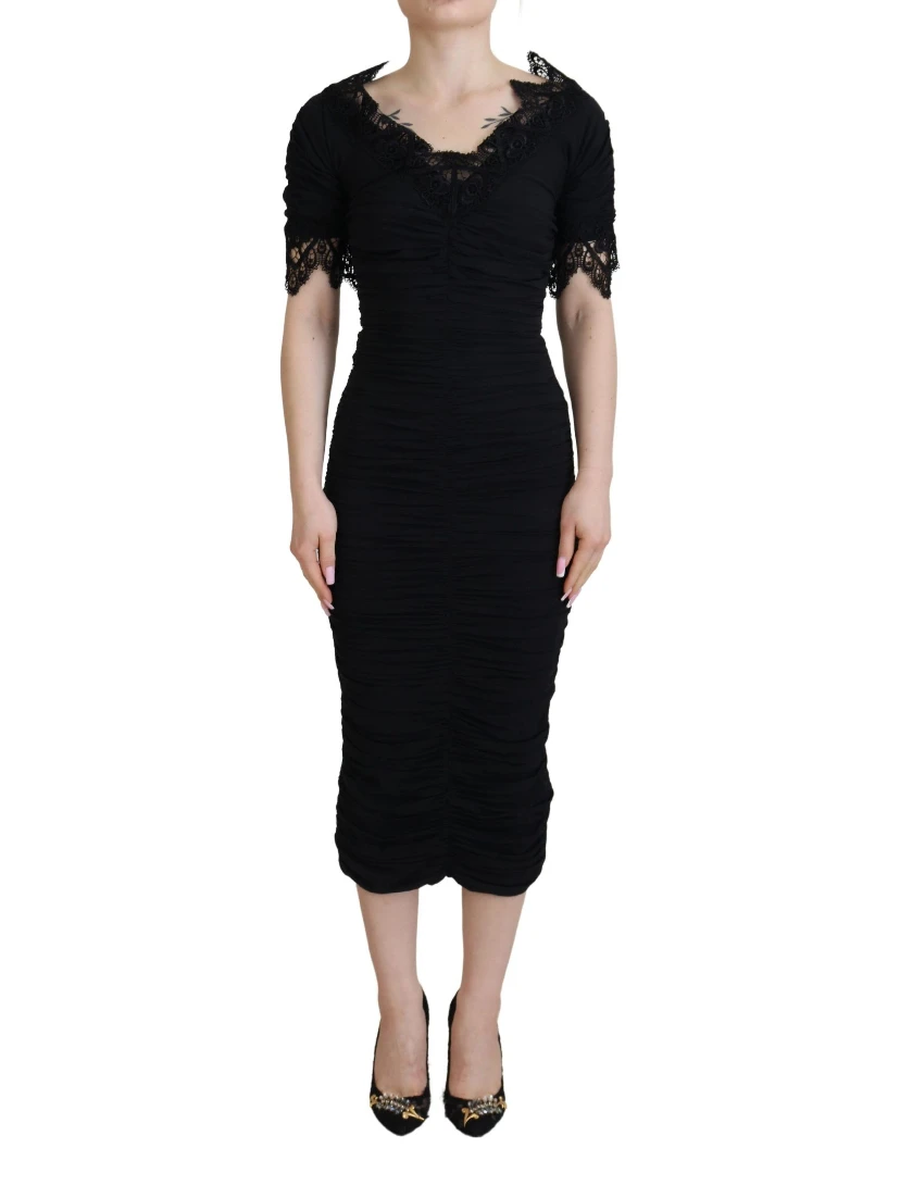 Black Sheath Midi Bodycon Lace Silk Dress