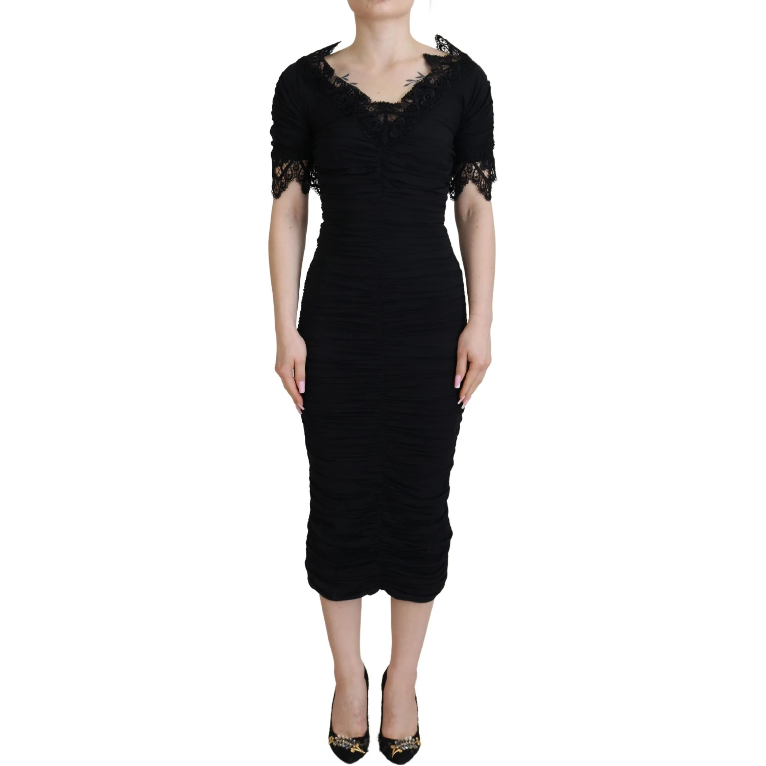 Black Sheath Midi Bodycon Lace Silk Dress