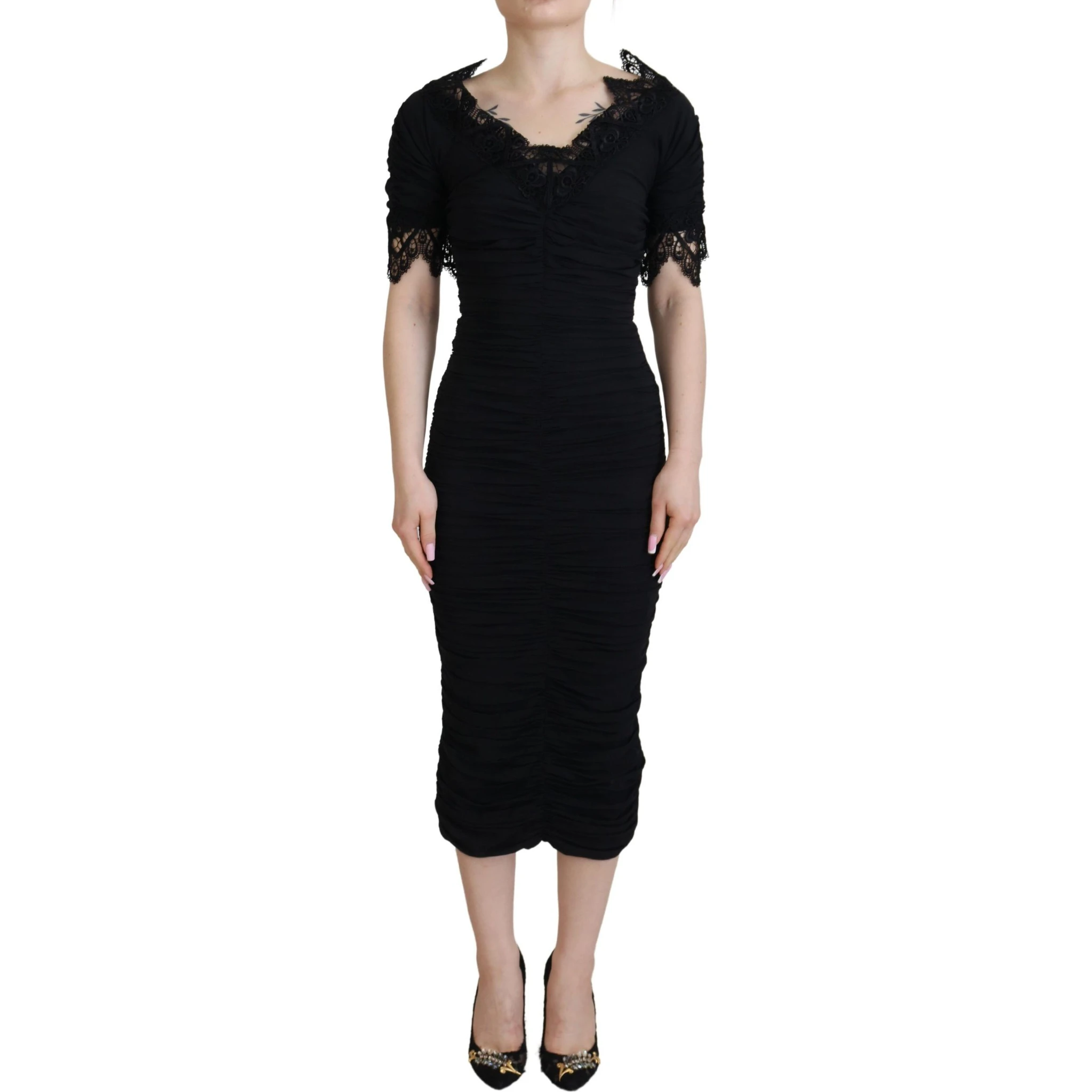 Black Sheath Midi Bodycon Lace Silk Dress