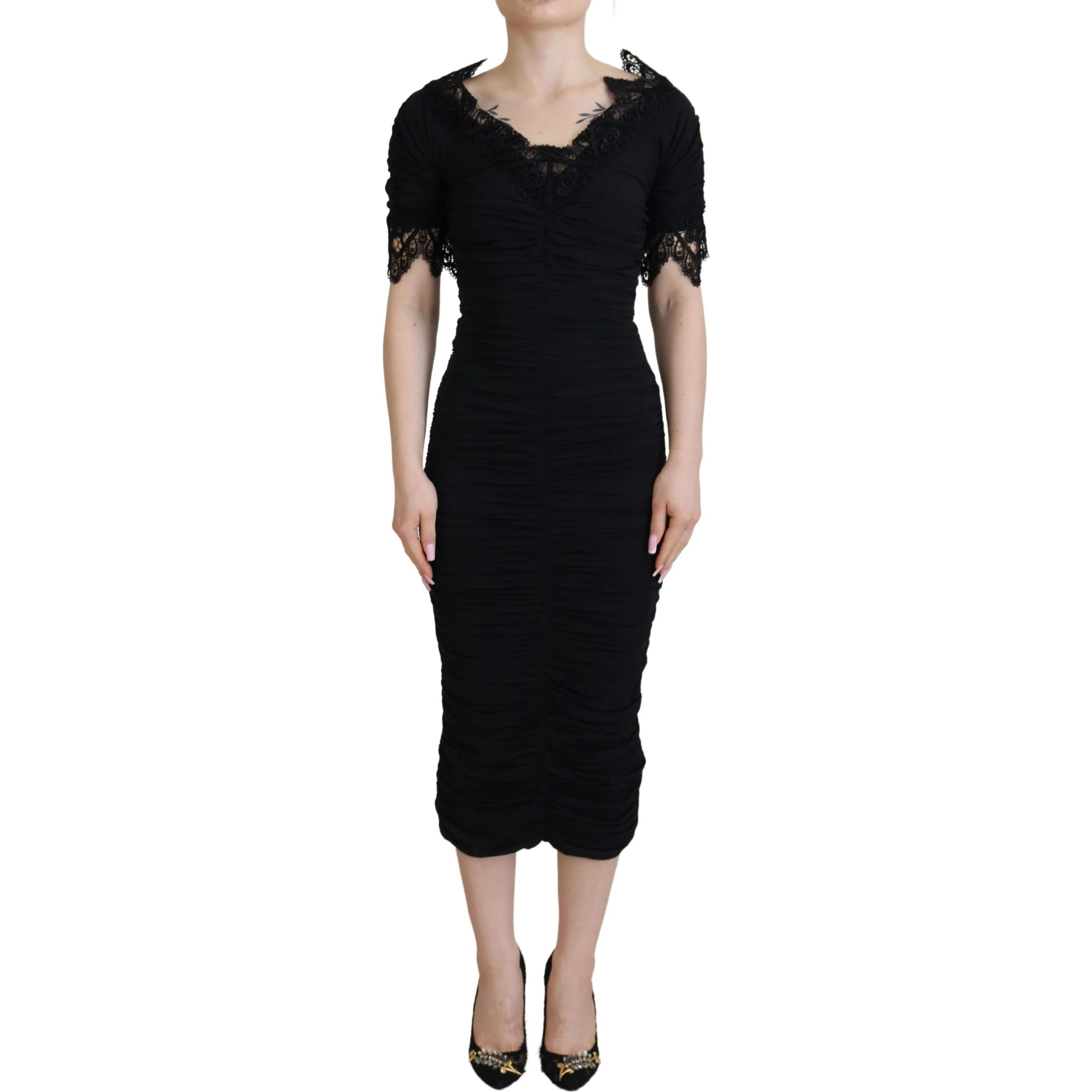 Black Sheath Midi Bodycon Lace Silk Dress