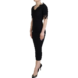 Black Sheath Midi Bodycon Lace Silk Dress