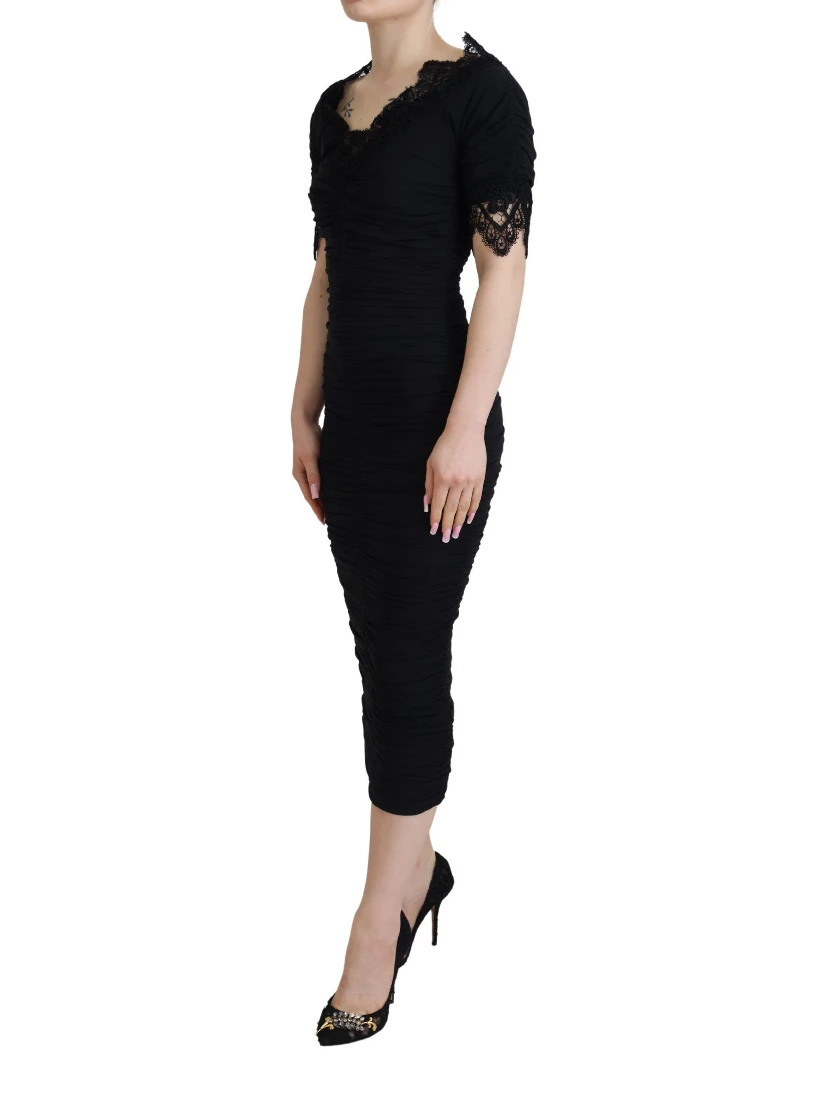 Black Sheath Midi Bodycon Lace Silk Dress