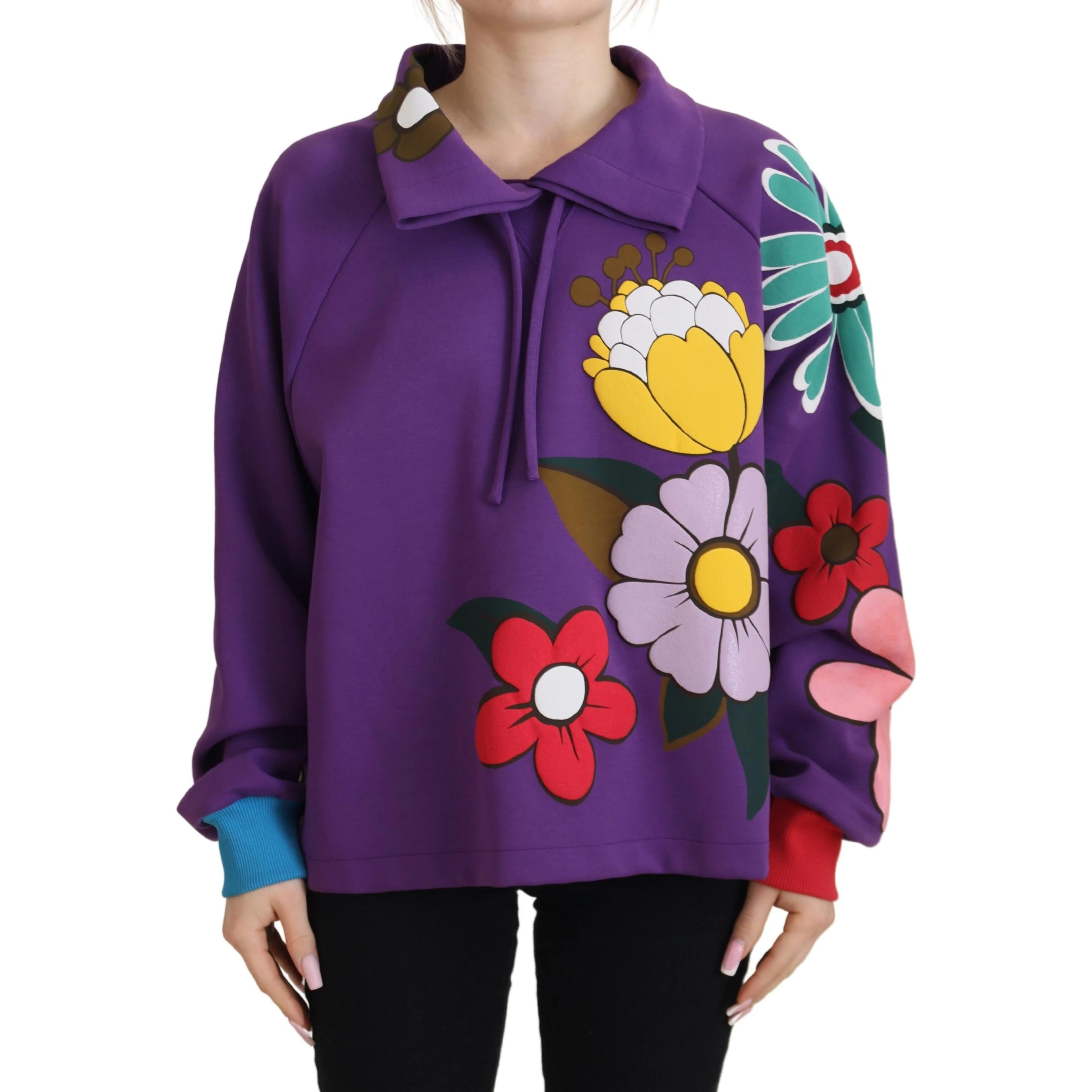 Purple Floral Print Pullover  Cotton Sweater