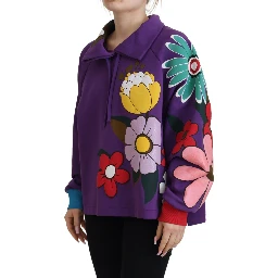 Purple Floral Print Pullover  Cotton Sweater