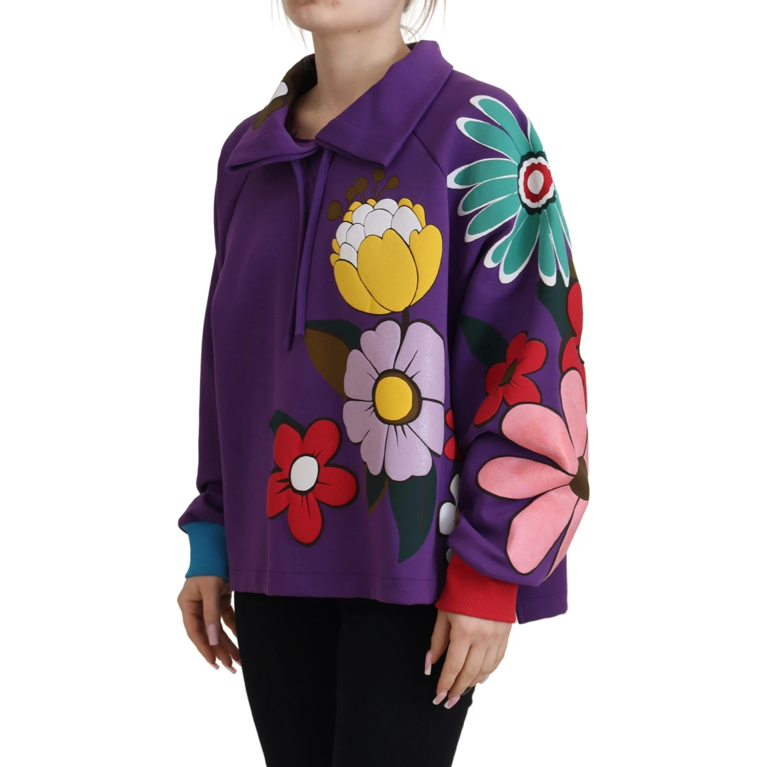 Purple Floral Print Pullover  Cotton Sweater