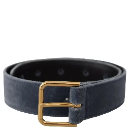 Navy Blue Velvet Gold Metal Logo Waist Buckle Belt