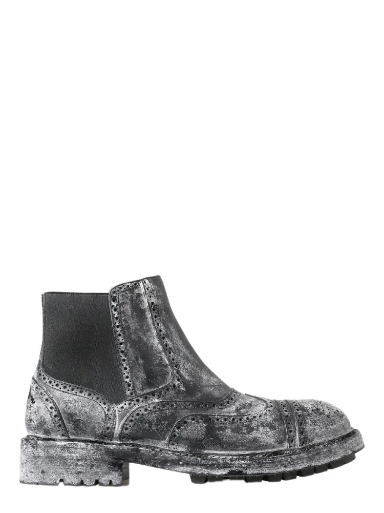 Black Gray Leather Ankle Boots