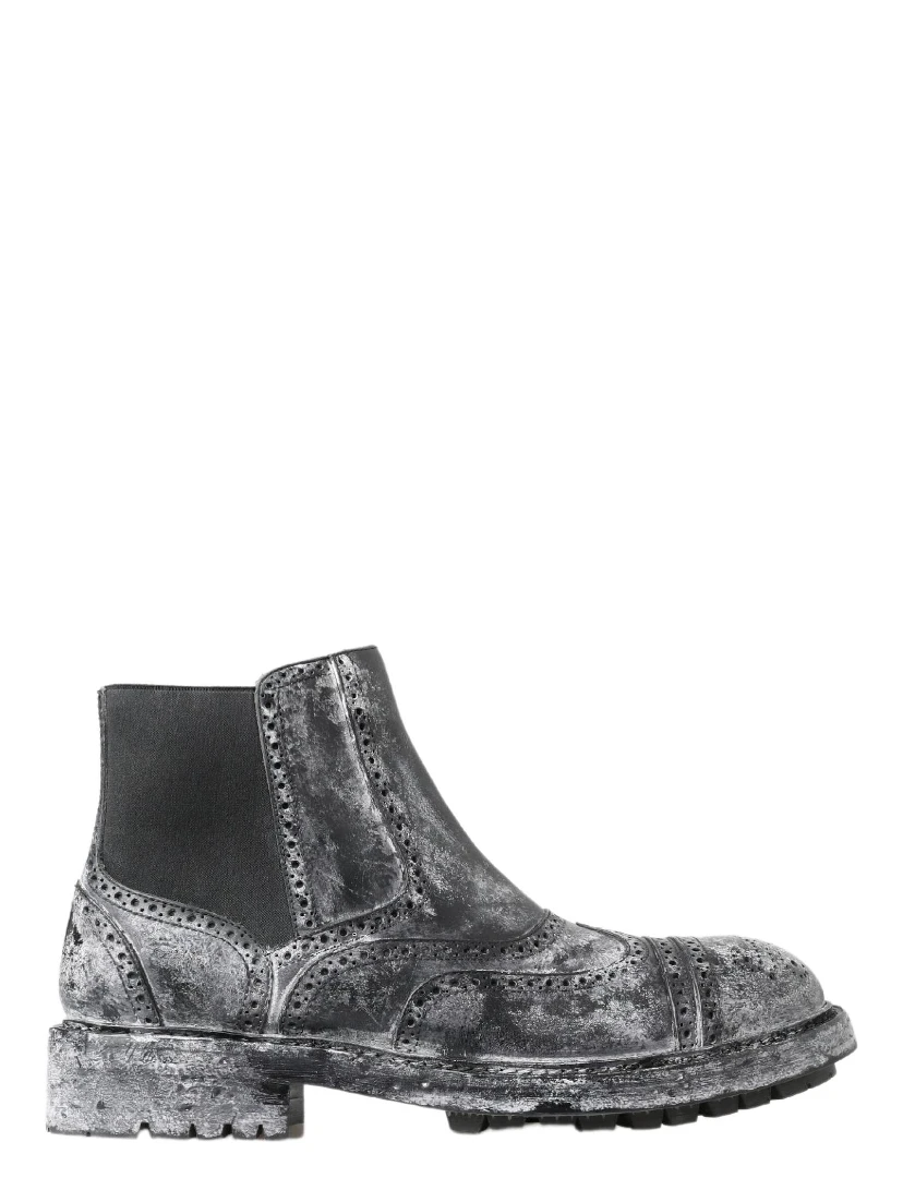Black Gray Leather Ankle Boots