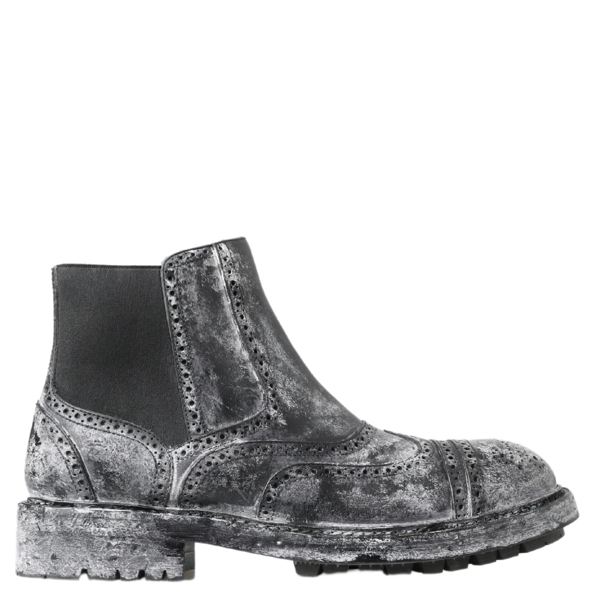 Black Gray Leather Ankle Boots