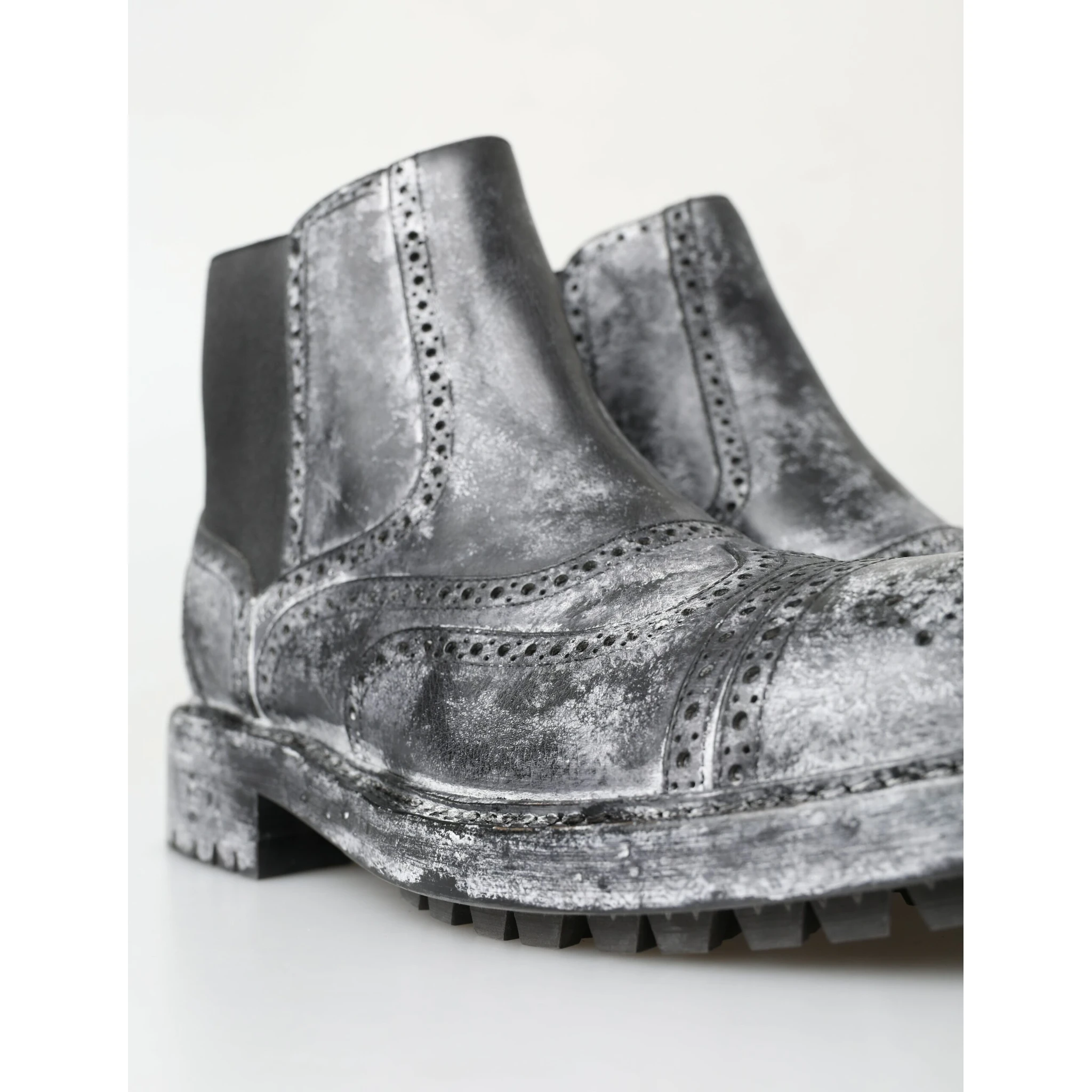 Black Gray Leather Ankle Boots