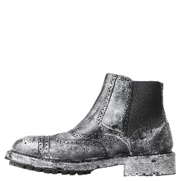 Black Gray Leather Ankle Boots