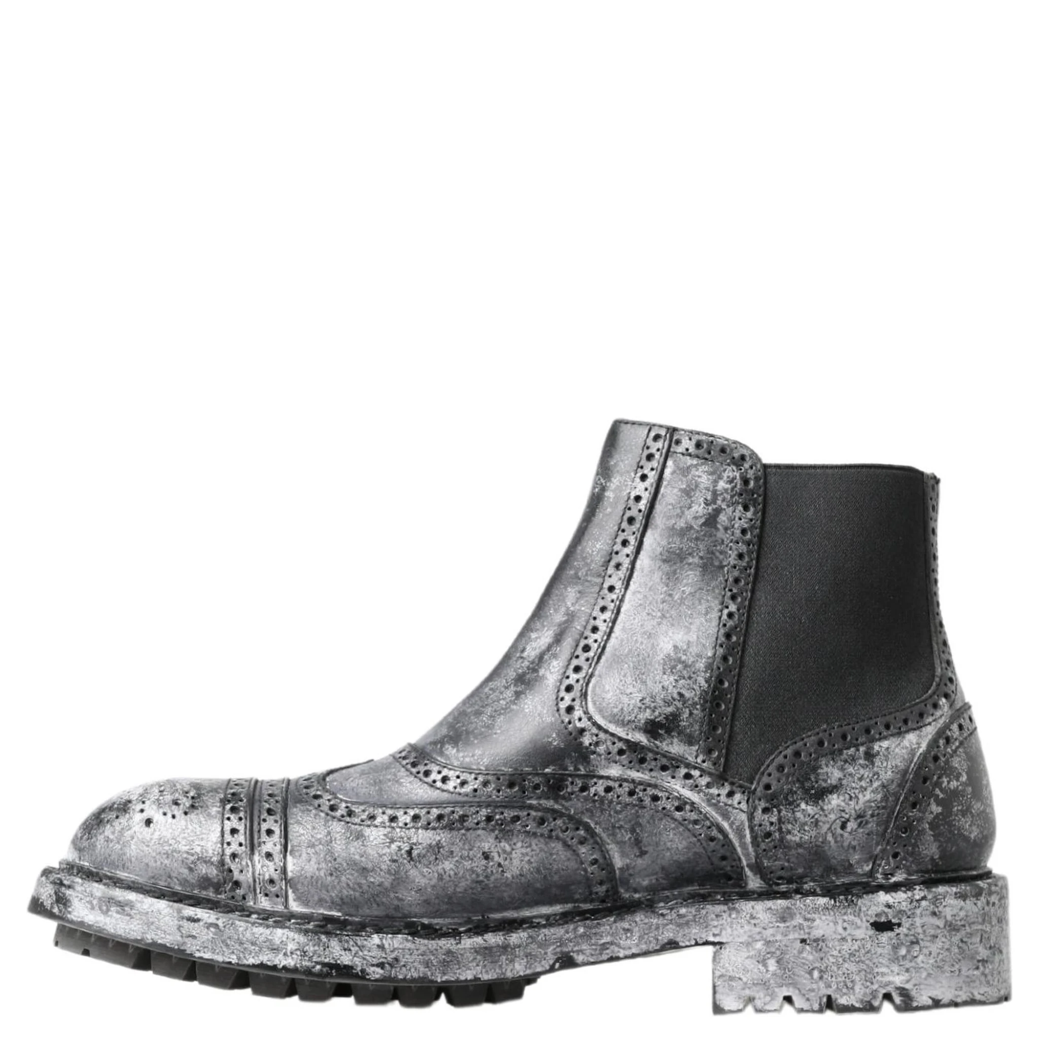 Black Gray Leather Ankle Boots