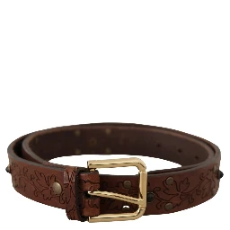 Brown Leather Floral Studded Metal Buckle Belt