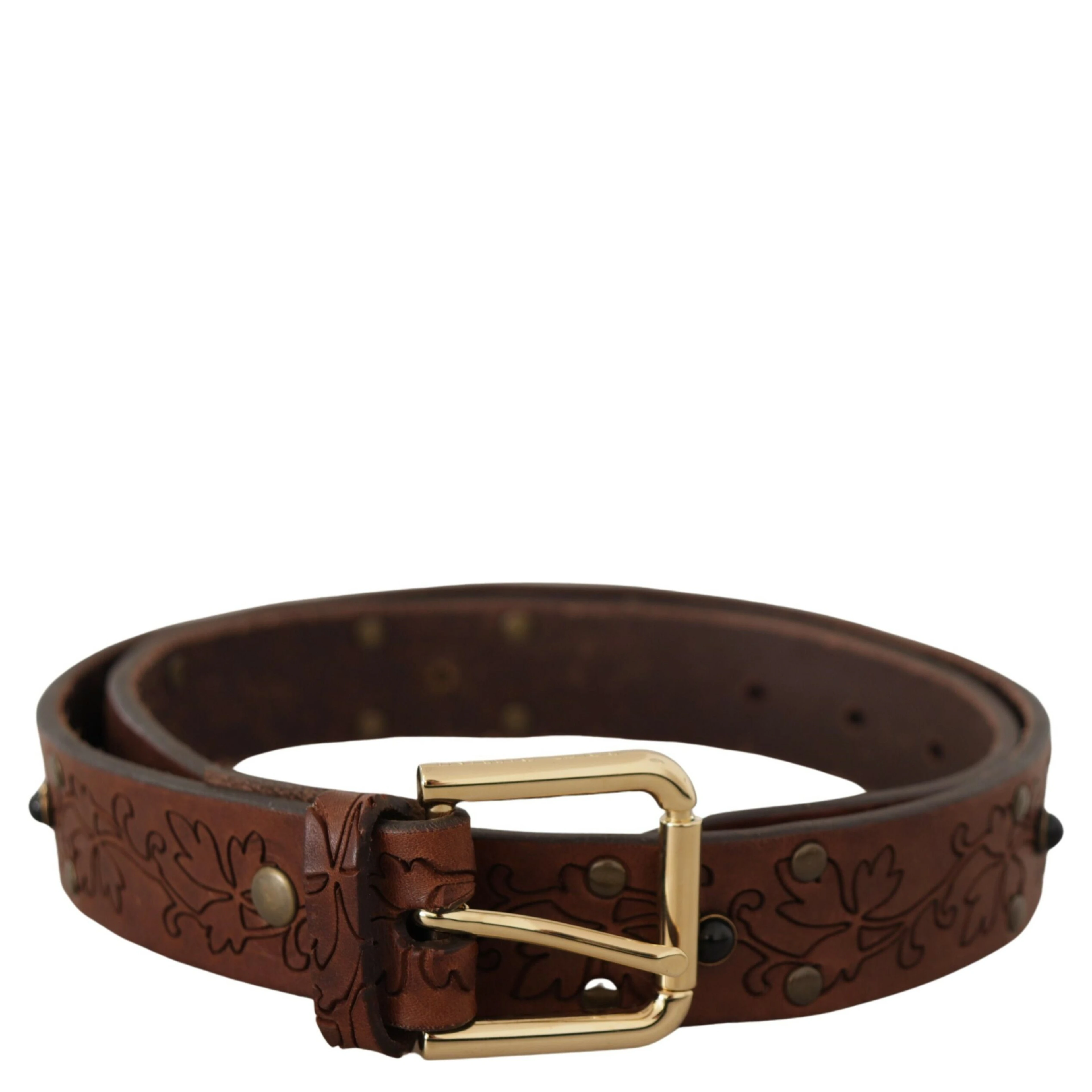 Brown Leather Floral Studded Metal Buckle Belt