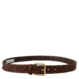 Brown Leather Floral Studded Metal Buckle Belt