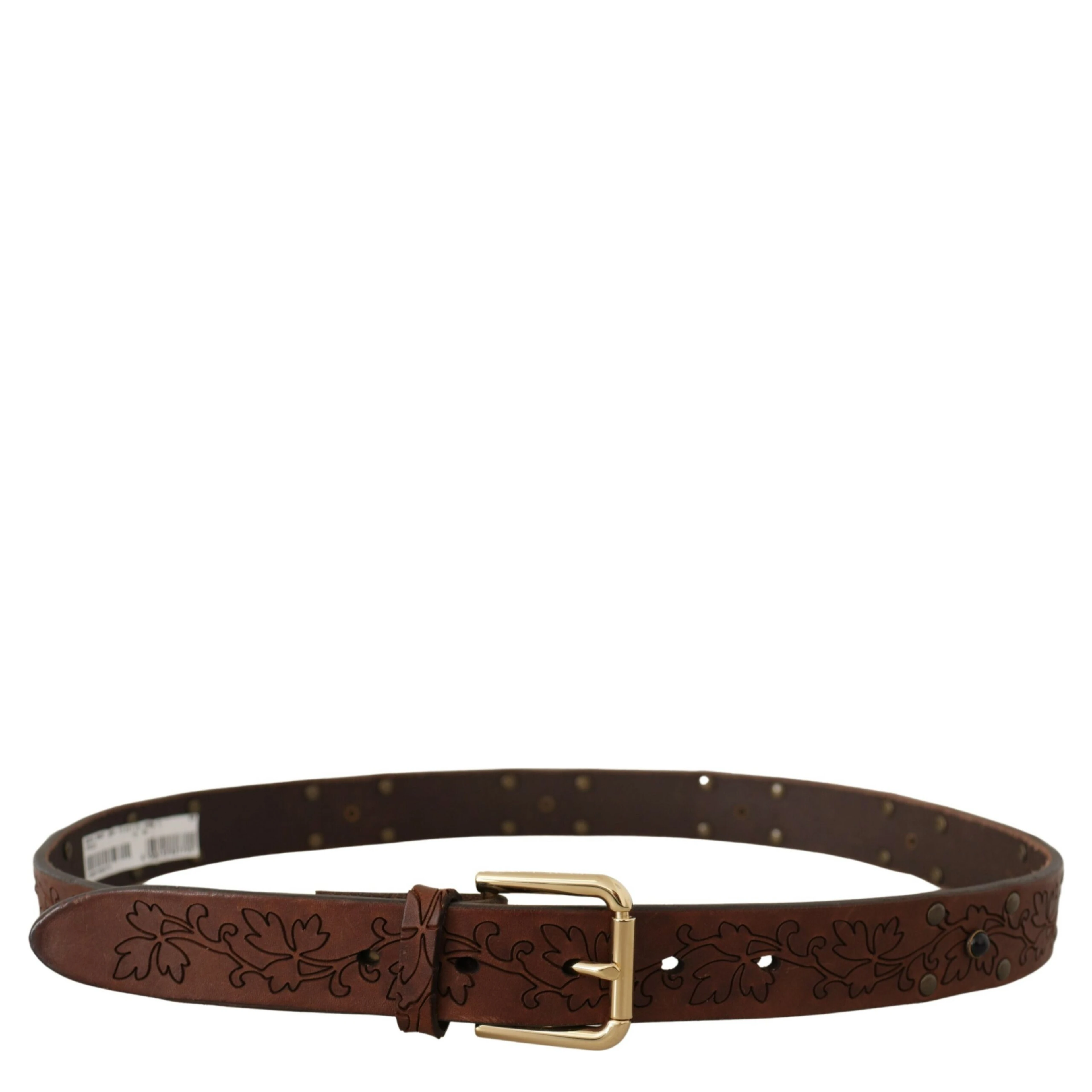 Brown Leather Floral Studded Metal Buckle Belt