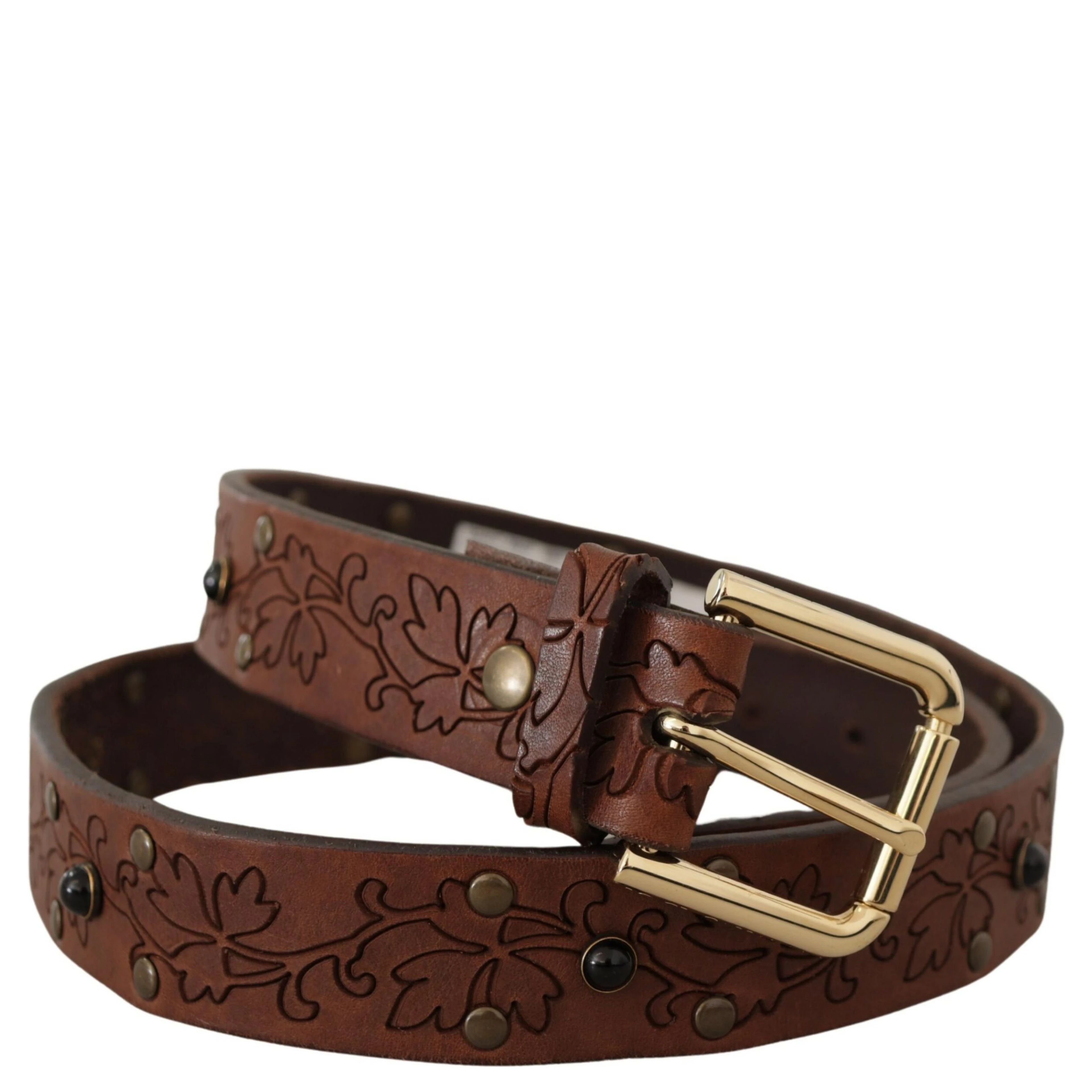 Brown Leather Floral Studded Metal Buckle Belt