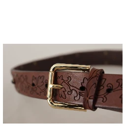 Brown Leather Floral Studded Metal Buckle Belt
