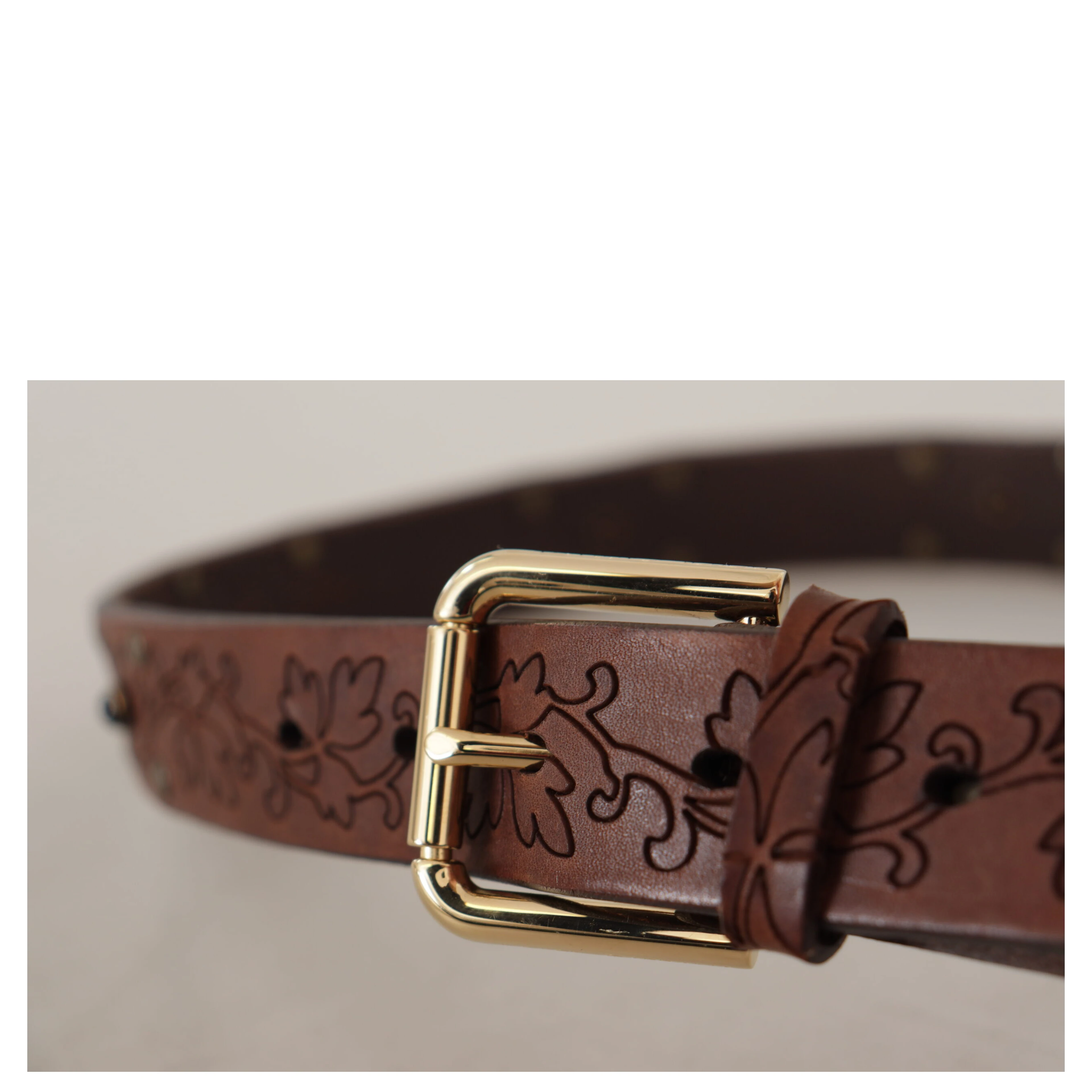 Brown Leather Floral Studded Metal Buckle Belt