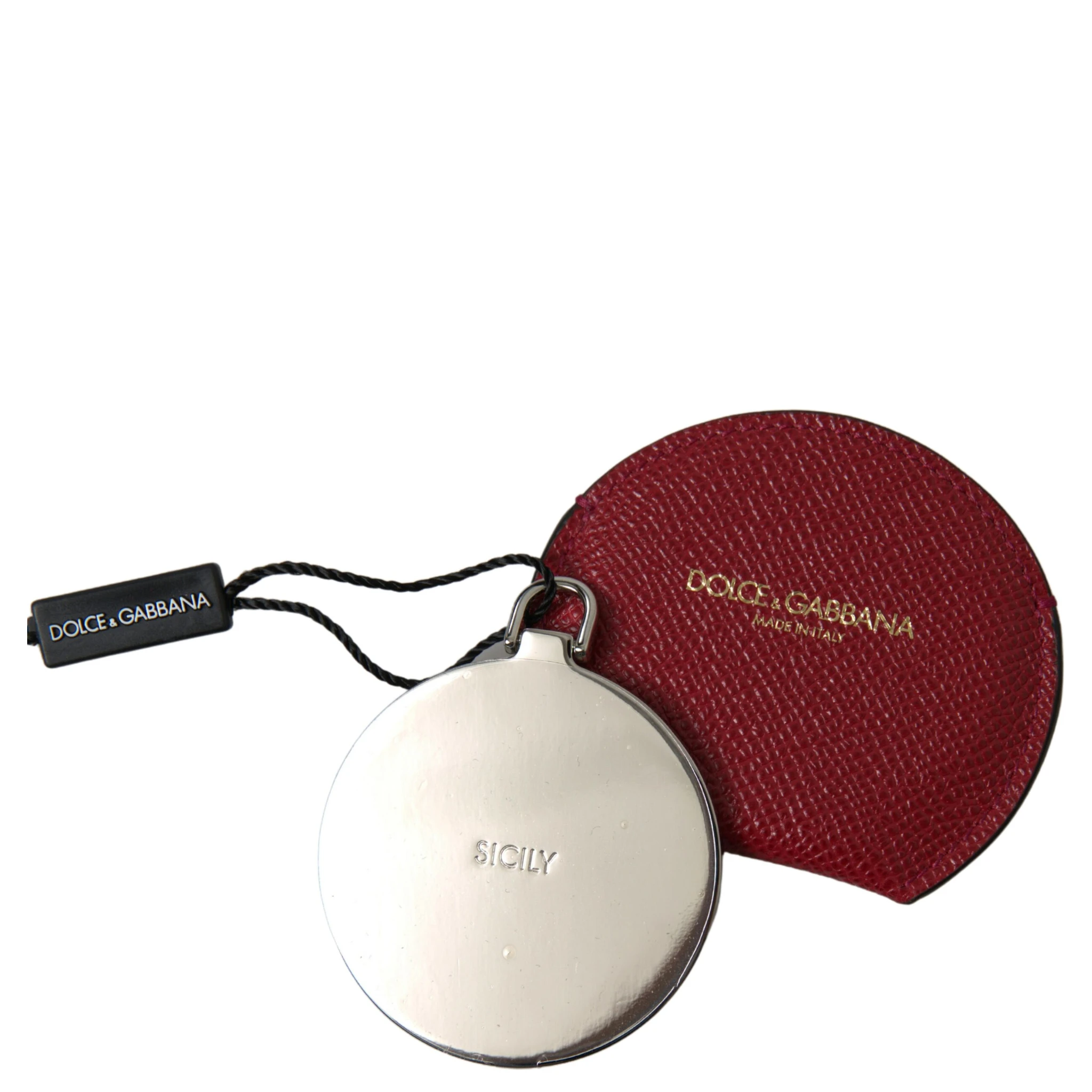 Red Calfskin Leather Round Hand Mirror Holder
