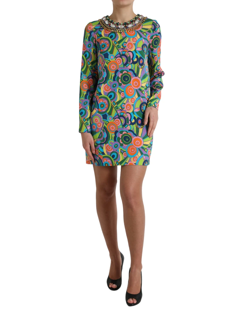 Multicolor Geometric Print Silk Crystals Midi Dress