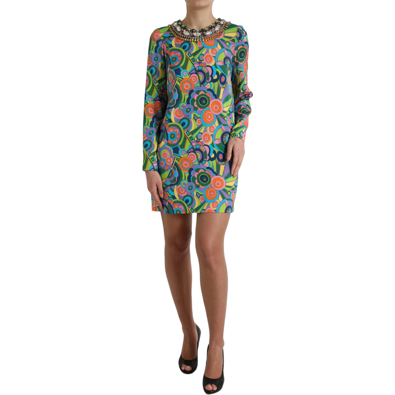 Multicolor Geometric Print Silk Crystals Midi Dress