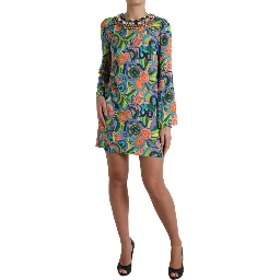 Multicolor Geometric Print Silk Crystals Midi Dress