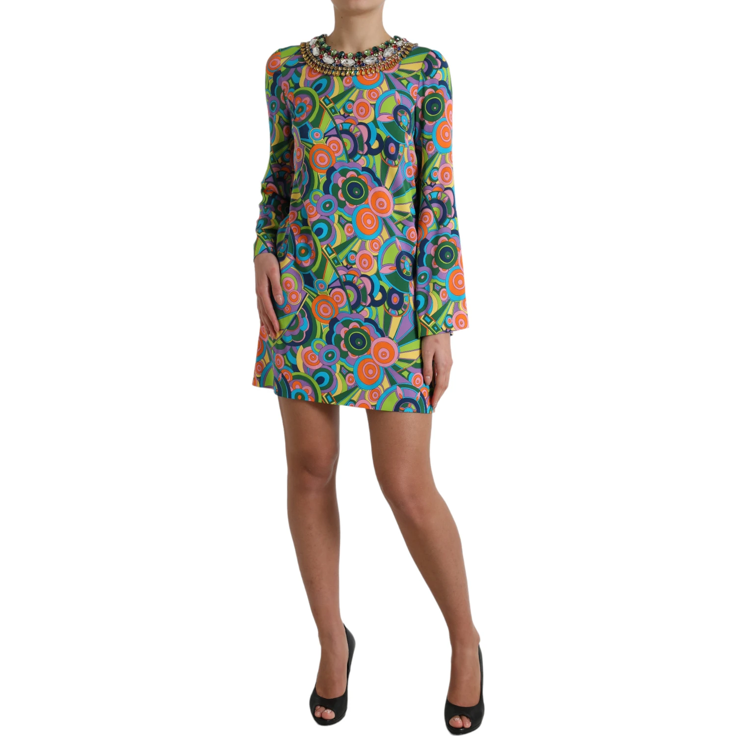 Multicolor Geometric Print Silk Crystals Midi Dress