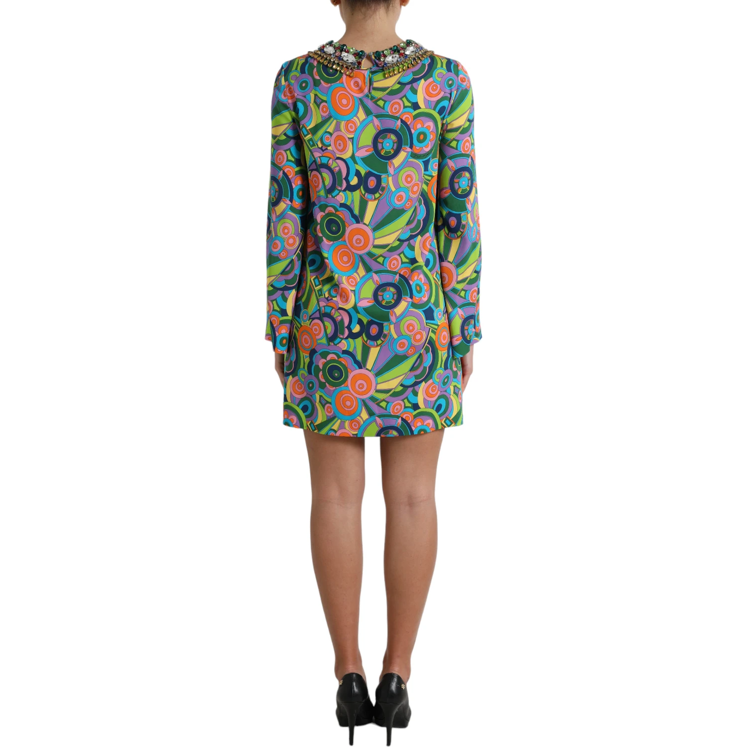 Multicolor Geometric Print Silk Crystals Midi Dress