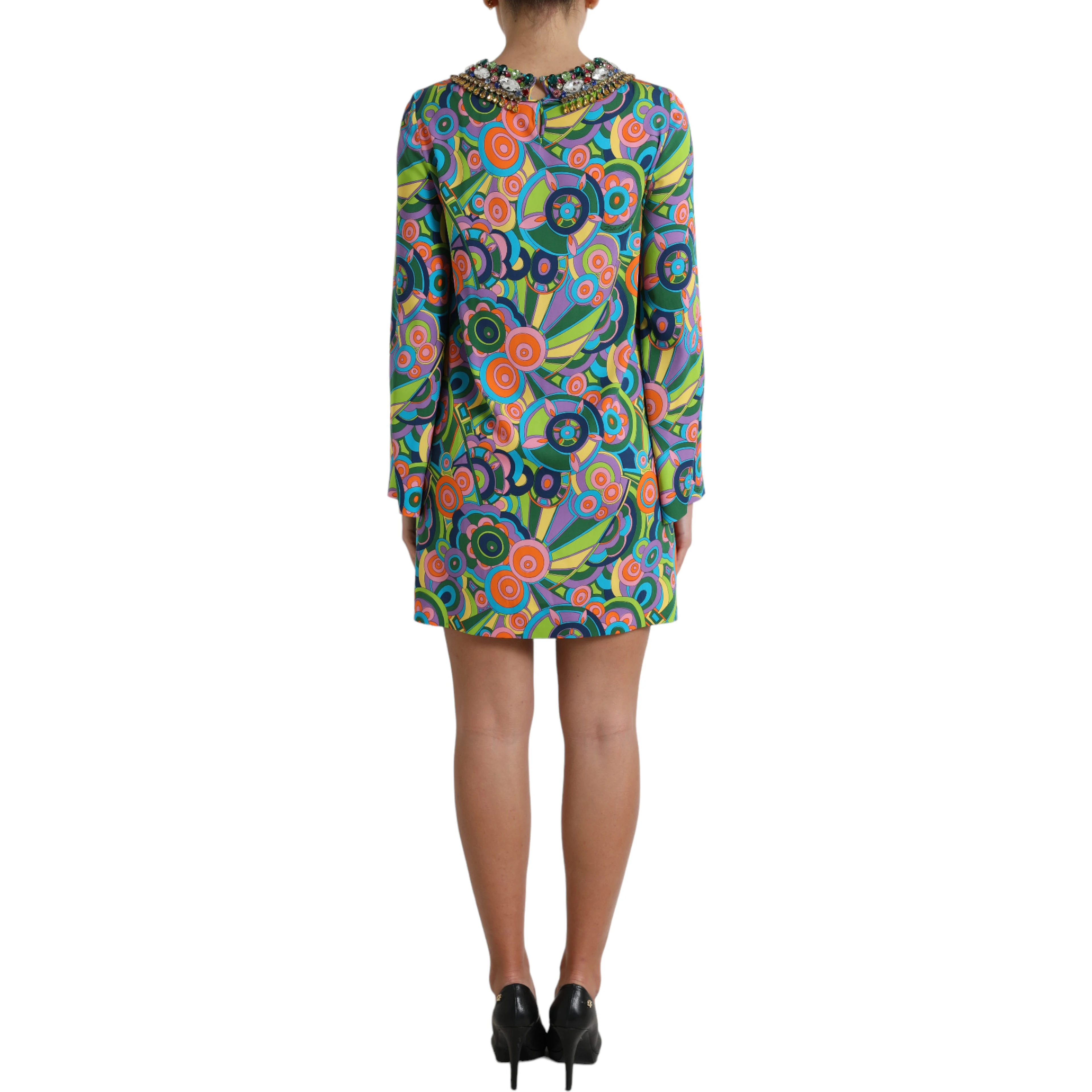 Multicolor Geometric Print Silk Crystals Midi Dress