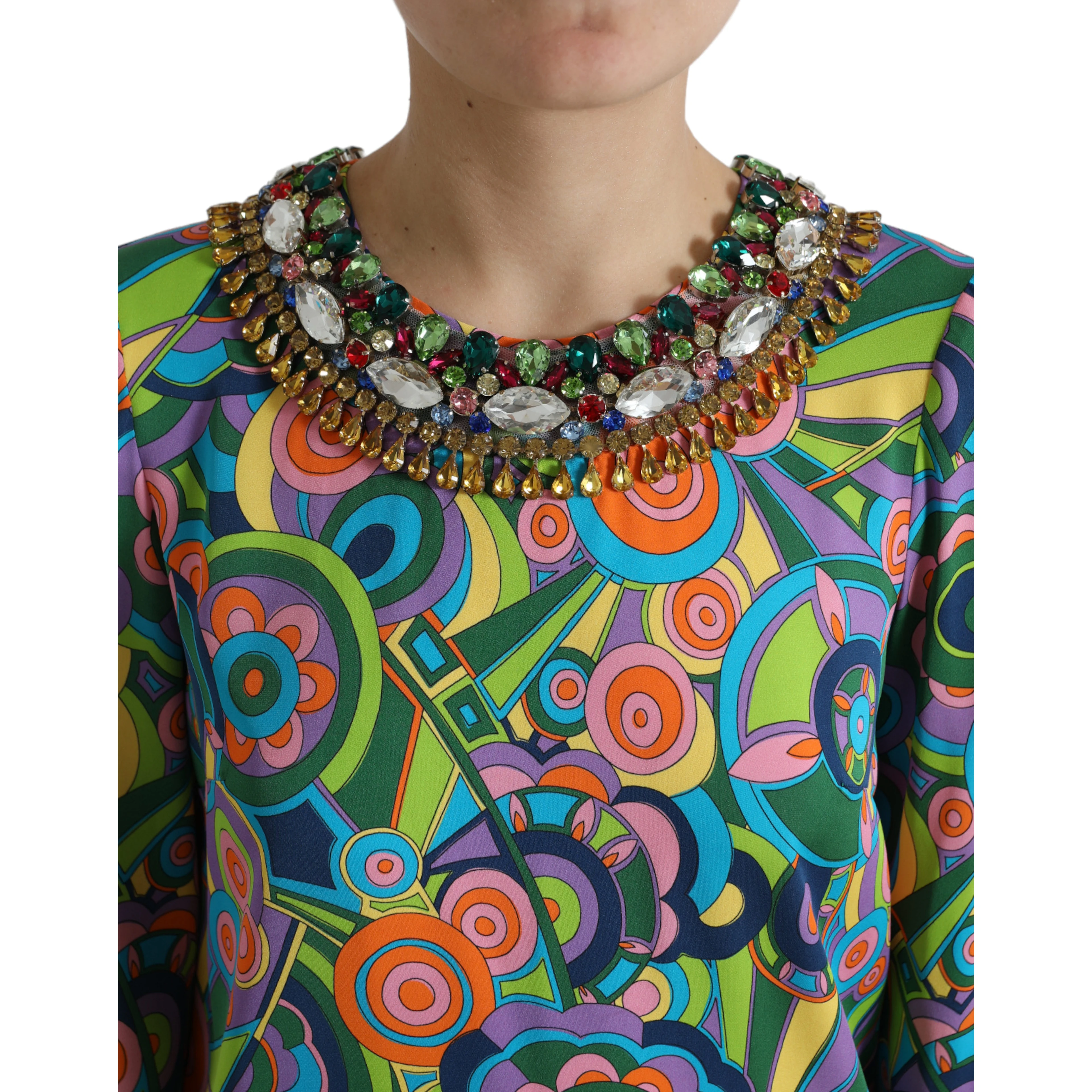 Multicolor Geometric Print Silk Crystals Midi Dress