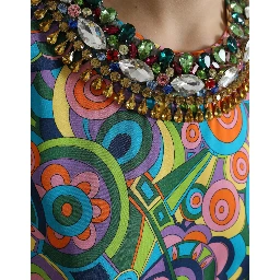 Multicolor Geometric Print Silk Crystals Midi Dress