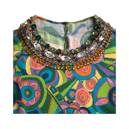 Multicolor Geometric Print Silk Crystals Midi Dress