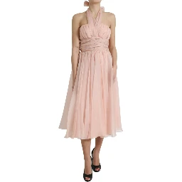 Pink Silk Chiffon Halter A-line Pleated Midi Dress