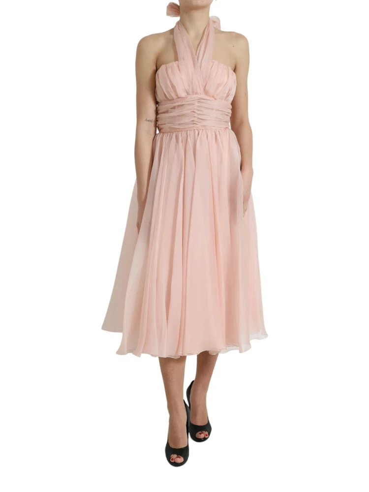 Pink Silk Chiffon Halter A-line Pleated Midi Dress