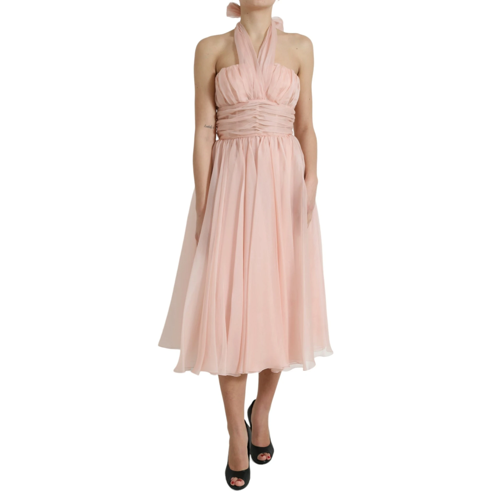Pink Silk Chiffon Halter A-line Pleated Midi Dress