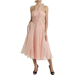 Pink Silk Chiffon Halter A-line Pleated Midi Dress