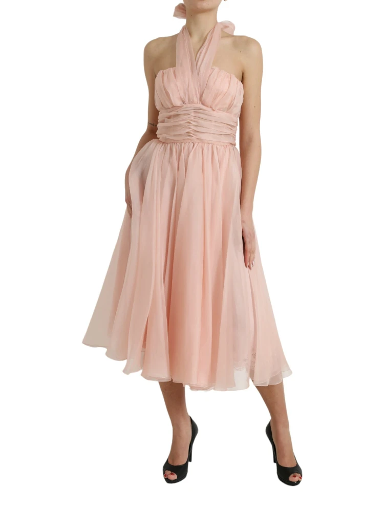 Pink Silk Chiffon Halter A-line Pleated Midi Dress alternative
