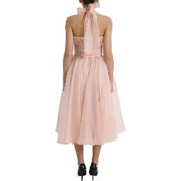 Pink Silk Chiffon Halter A-line Pleated Midi Dress