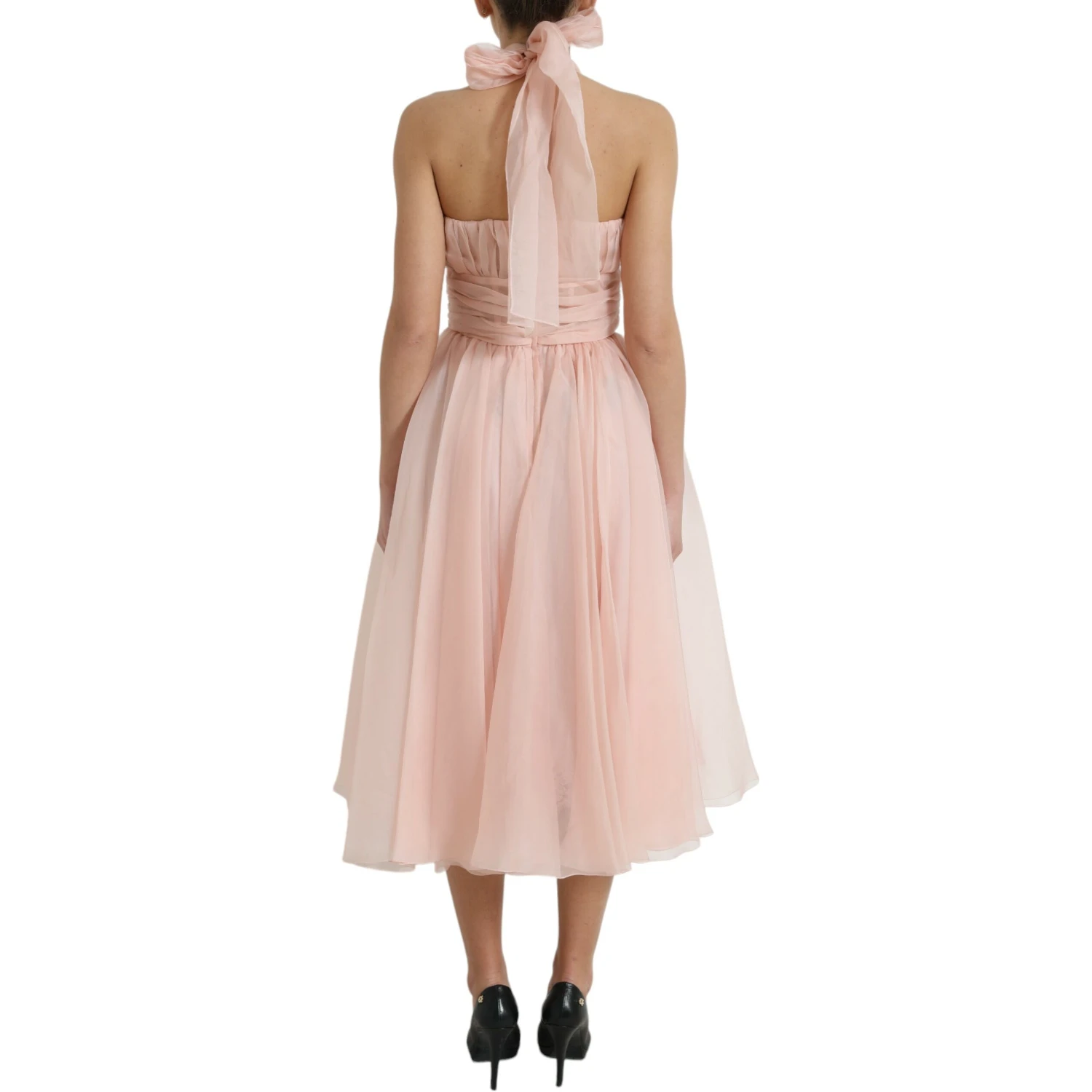 Pink Silk Chiffon Halter A-line Pleated Midi Dress