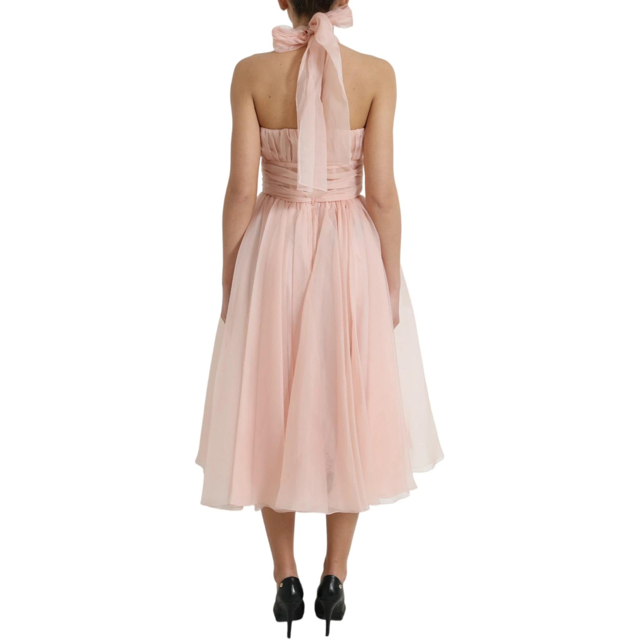 Pink Silk Chiffon Halter A-line Pleated Midi Dress