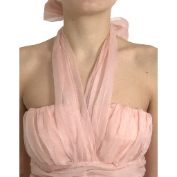Pink Silk Chiffon Halter A-line Pleated Midi Dress