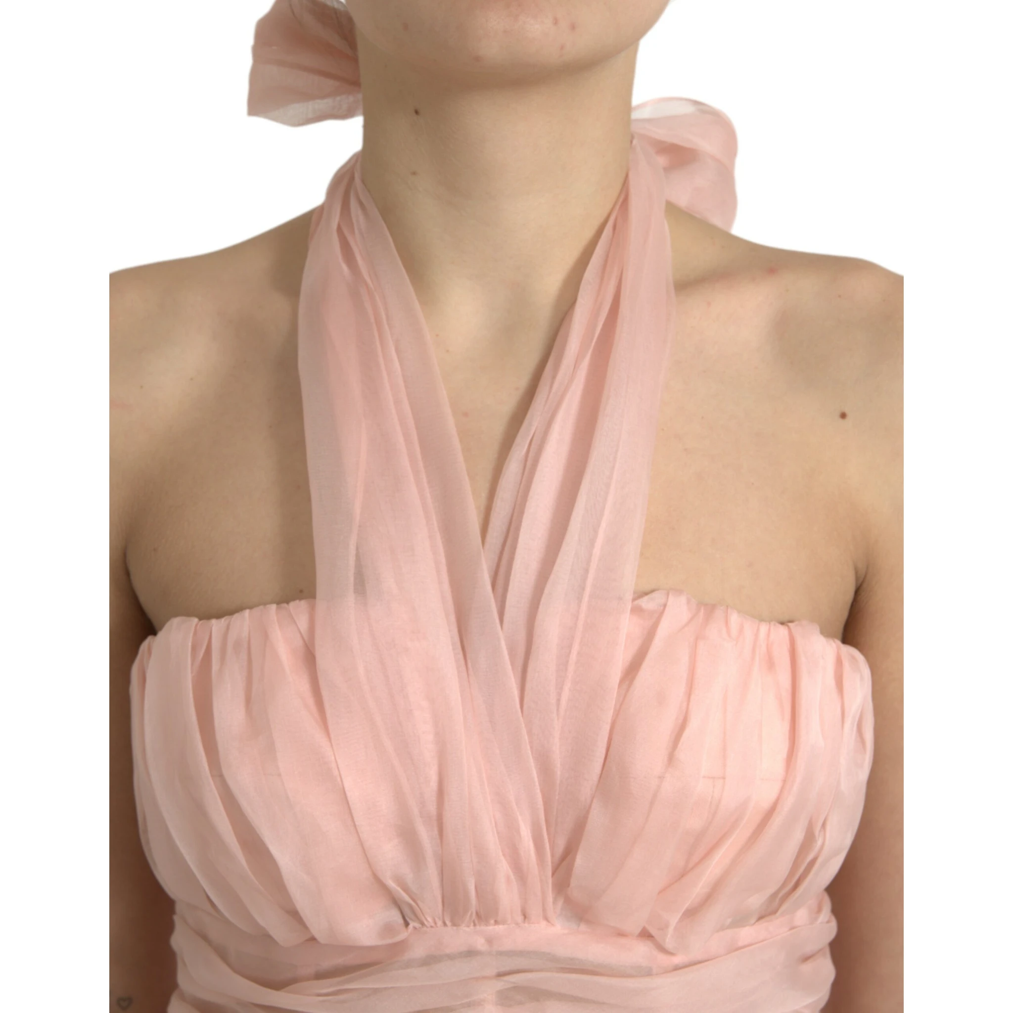 Pink Silk Chiffon Halter A-line Pleated Midi Dress