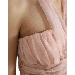 Pink Silk Chiffon Halter A-line Pleated Midi Dress