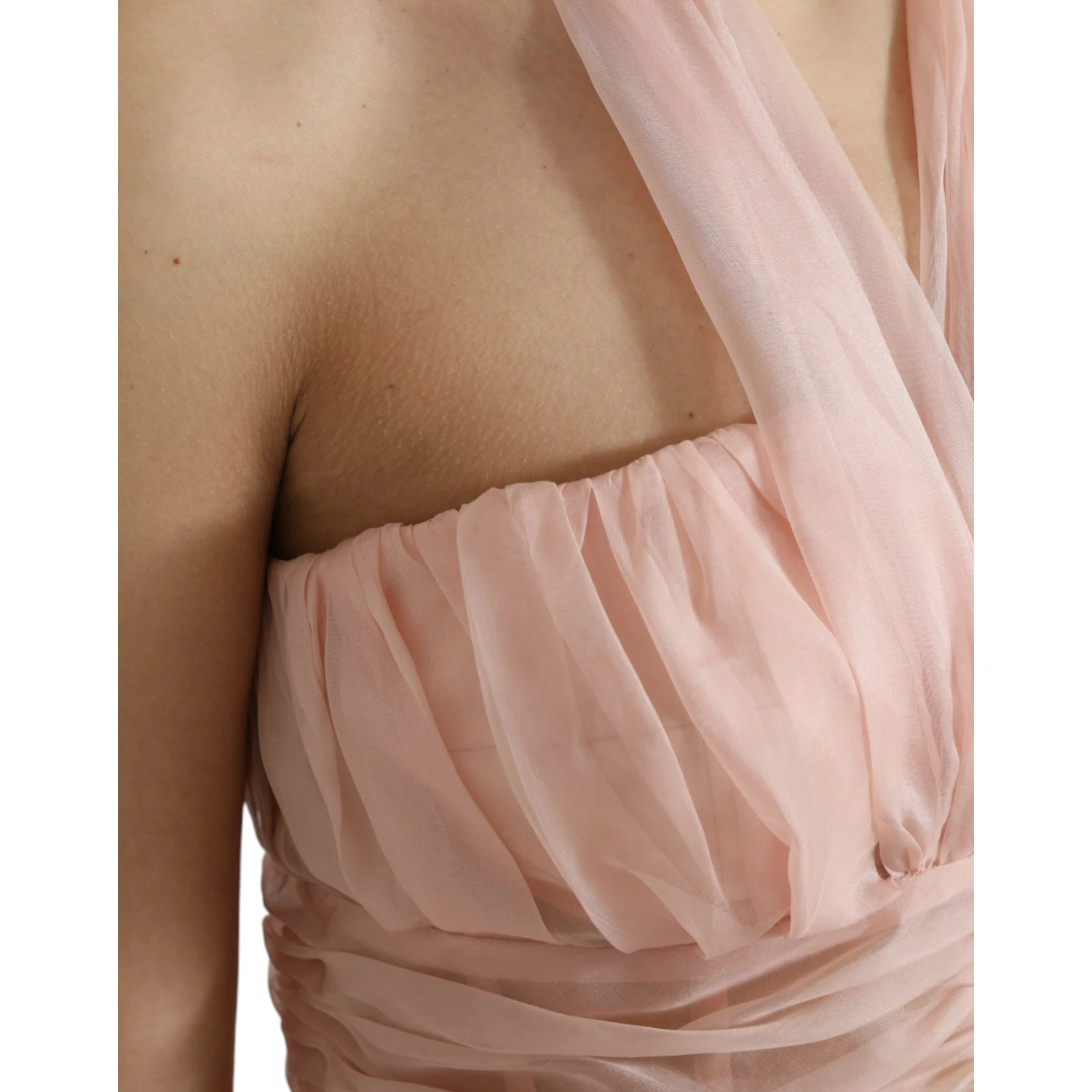 Pink Silk Chiffon Halter A-line Pleated Midi Dress