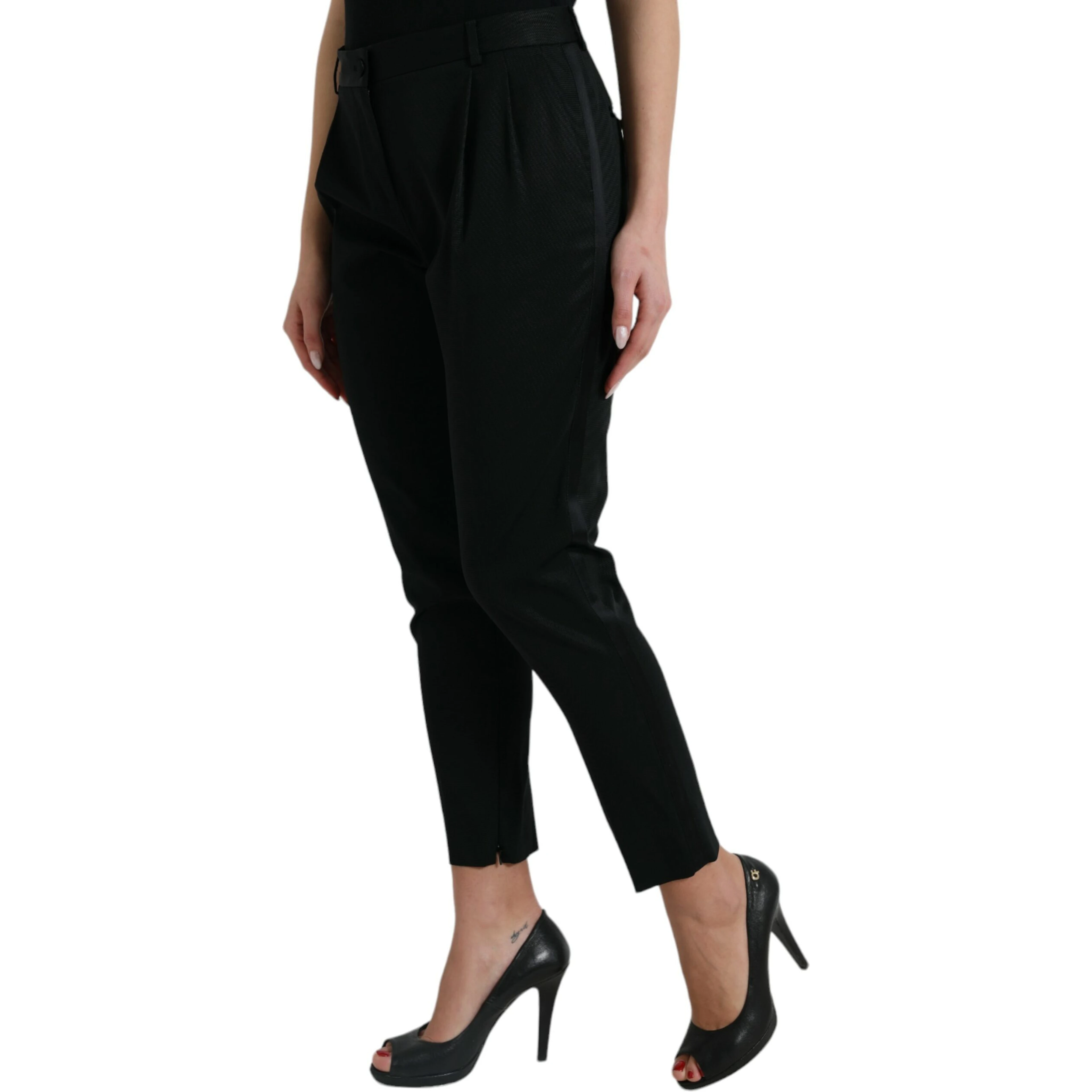 Black Wool High Waist Cropped Tapered Pants