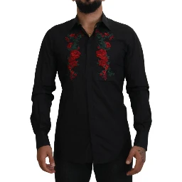 Black Floral Embroidery Men Long Sleeves GOLD Shirt