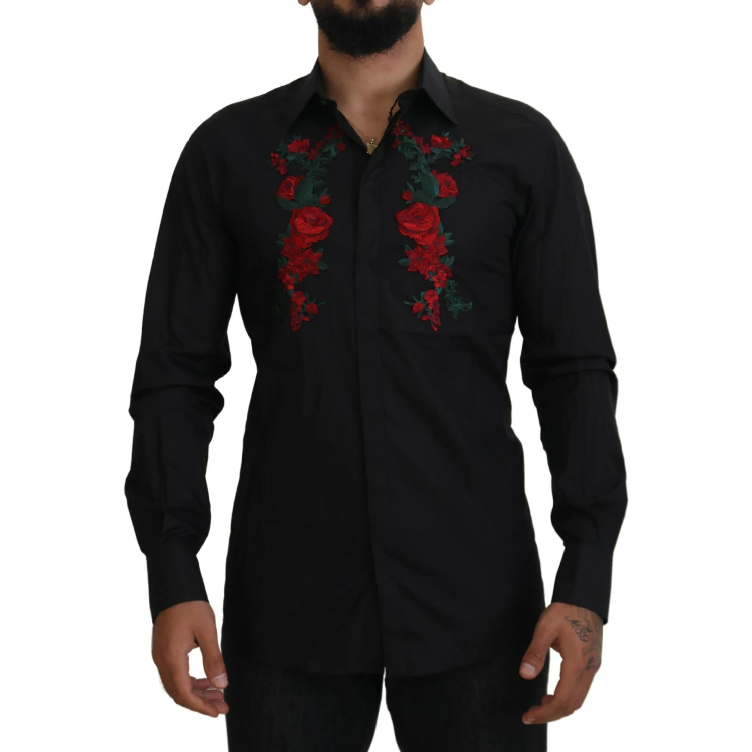 Black Floral Embroidery Men Long Sleeves GOLD Shirt